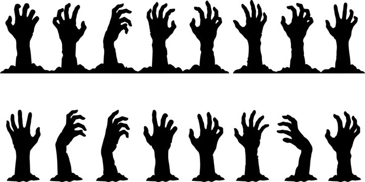 Creepy zombie hands rising from the ground silhouette set for dark Halloween graveyard themed design projects