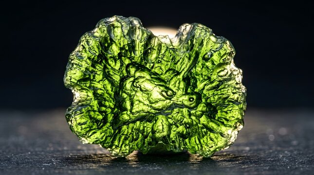 Translucent green moldavite tektite gemstone with rough textured surface isolated on a dark background, showing unique natural, formation and deep, emerald color