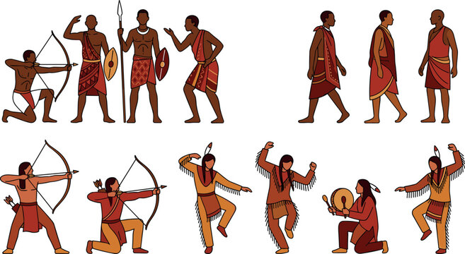 Traditional Indigenous Tribal People Illustration Set with Hunters, Warriors, Archers, Cultural Clothing, Ritual Dance, and Ethnic Heritage Characters