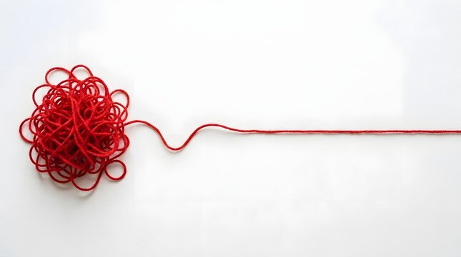A tangled mess of red yarn or string on the left side that transitions into a single straight line extending to the right against a plain white background, representing complexity