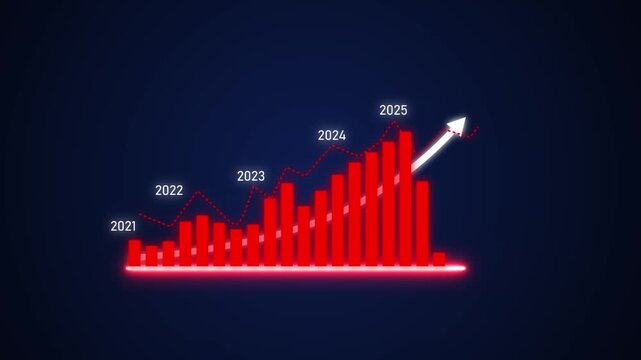 Neon Financial Growth Chart Animation with Rising Arrow Business Success on dark blue background.4k video