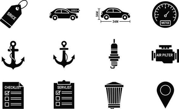 Auto business and maintenance documentation icons with price tag service checklist spark plug and air filter.