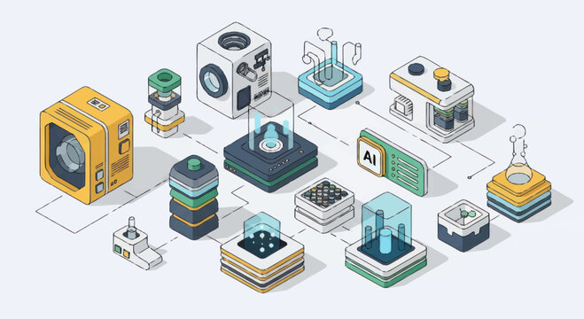 Isometric illustration of various futuristic technological devices and components.