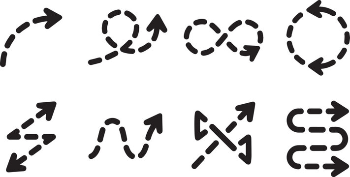 Dotted arrow vector icon set with different path lines