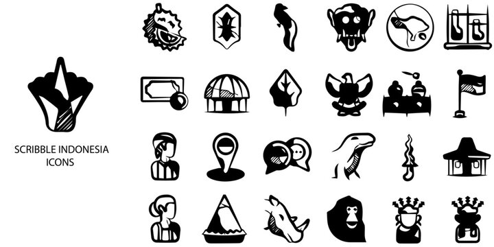 Scribble Indonesia simple concept 24 Black and White color icons set .Vector illustration.