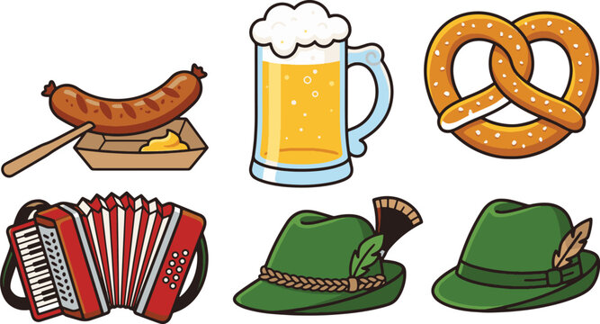 Octoberfest bavarian food and drink icons sausage beer pretzel accordion