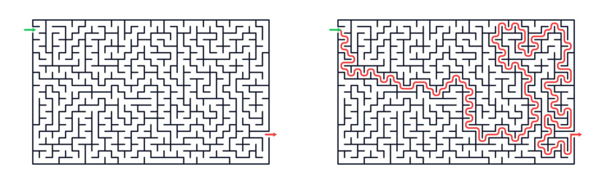 Rectangular, 36x22, maze game set in minimalist vector style with black white and red colors for logic training
