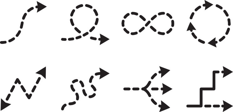 Dashed line arrow set black minimal vector dashed arrows collection with infinity loop and wavy split paths