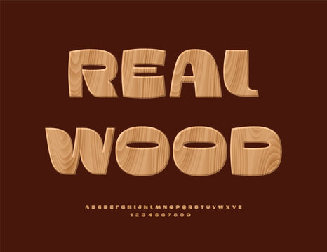 Vector Unique template Real Wood. Stylish Natural pattern Font. Awesome set of Modern Alphabet Letters and Numbers.