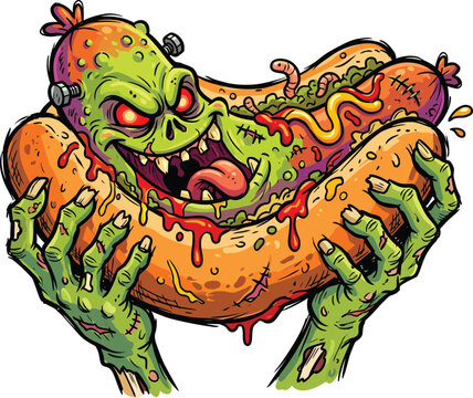 Funny horror zombie hot dog monster character held by green undead creature hands with worms