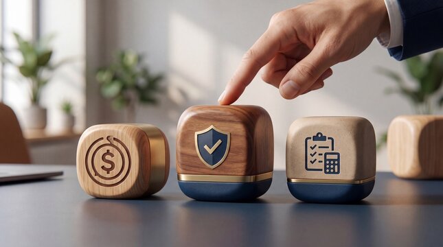 Hand pressing financial audit button on wooden blocks with icons on office desk