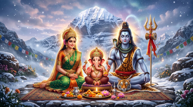 Sacred Shiva family blessing devotees in Himalayan mountains for spiritual festival prayer celebration artwork