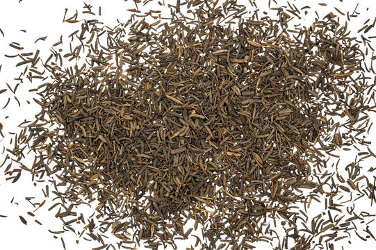 Top view closeup of Dried Shah i Cumin Seeds scattered on Transparent background, culinary spice texture with copy space.