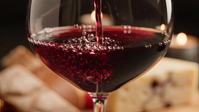 Pouring red wine into a glass with cheese and bread in the background.
