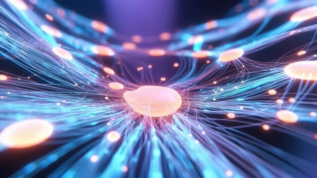 Glowing node networks with luminous strands in digital art style on dark background, concept of connectivity and data flow