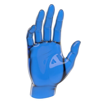 Blue robotic hand with five fingers pointing upward