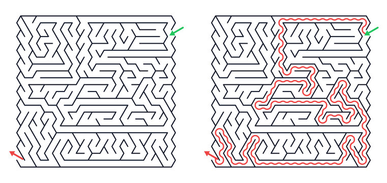 Triangular, 39x22, maze game set in minimalist vector style with black white and red colors for logic training
