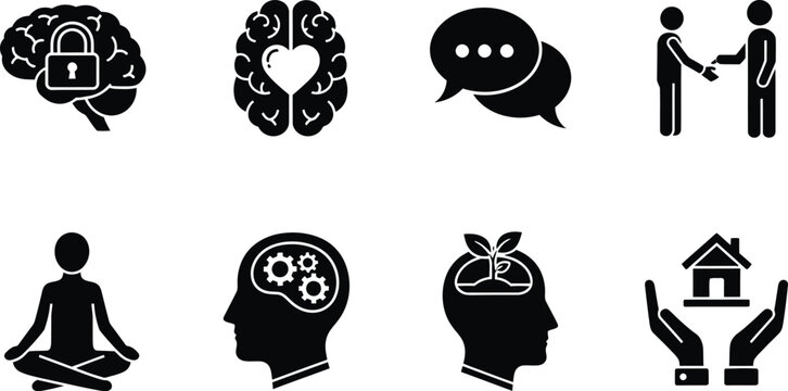 Mental wellness icon set brain health communication meditation and support concepts in silhouette