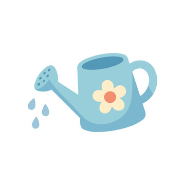 Blue watering can with flower design.
