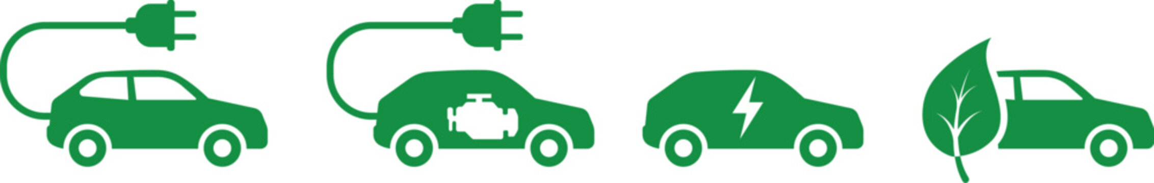 Set of green electric and hybrid car icons isolated on white background