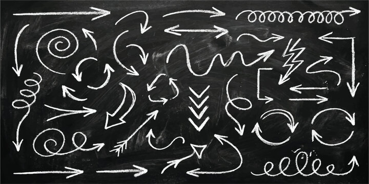 Set of hand drawn chalk arrows and doodle elements on a black chalkboard background Vector, illustration