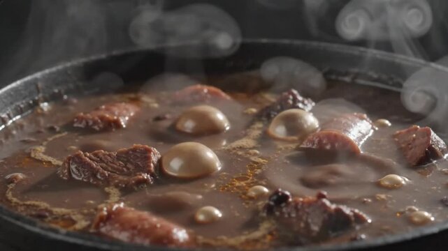 Macro close up of traditional Brazilian feijoada stew gently bubbling in a black iron pot with glistening fat and dense translucent steam rising continuously.