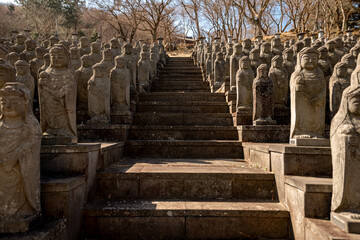 Fototapeta premium Stone arhat statues arranged in sweeping rows at Gwaneumsa Temple on Jeju Island, South Korea