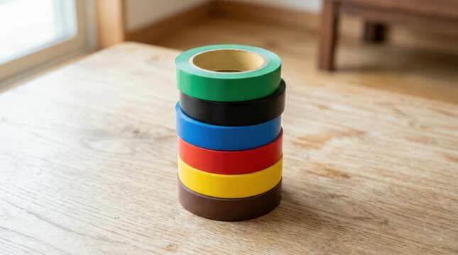 Stack of colorful adhesive tape rolls on wooden surface