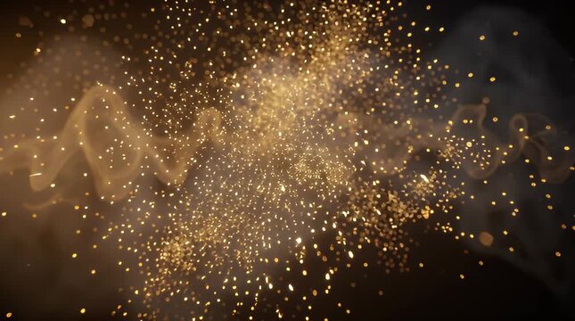 Golden particles explosion in darkness.