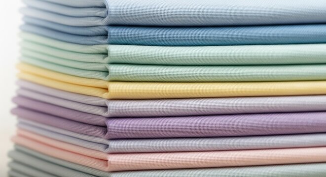 A close-up stack of perfectly folded, smooth fabric sheets in a soft gradient of pastel colors, showing crisp edges and fine textures