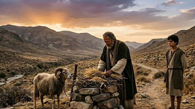 Ancient biblical story illustration showing Abraham and his son Isaac with a sheep on a mountain ridge. Dramatic sunrise over a desert valley backdrop, capturing a powerful moment of covenant