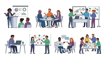 Fototapeta premium Diverse business team collaborates in meeting room with presentation and brainstorming sessions actively.