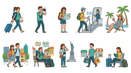 Fototapeta premium People travel to various destinations on vacation with luggage and maps in hand.