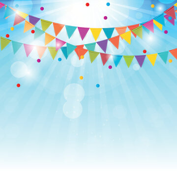 Colorful triangular bunting flags strung together with festive banners and floating dots on transparent background