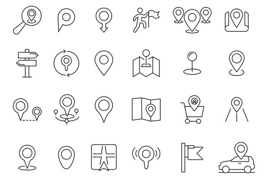 Location icons set. Navigation icons. Navigation, GPS, direction, travel, route, destination, road, navigator icons. editable stroke lines.