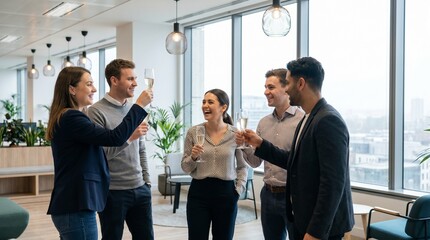 Obraz premium Diverse group of people toasting with glasses in modern office
