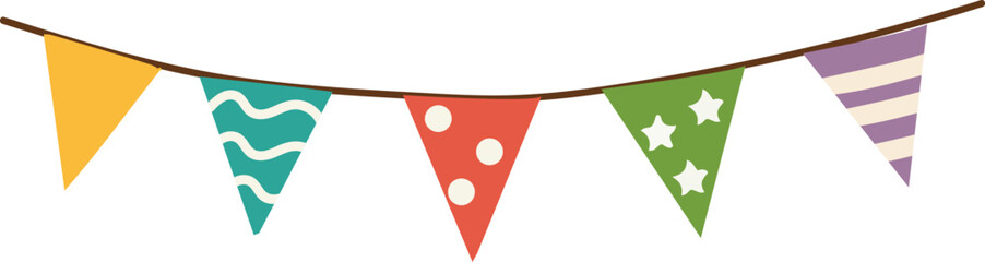 A colorful birthday bunting garland with patterned triangular flags creates a festive party decoration in a cute flat vector illustration style. © Baby AI