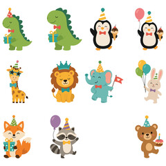 Fototapeta premium Cute flat vector collection of party animals including dinosaur, penguin, giraffe, lion, elephant, rabbit, fox, raccoon, and bear with balloons, gifts, cakes, and party accessories on a light backgrou