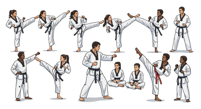 People in taekwondo uniforms performing martial arts on a white background.