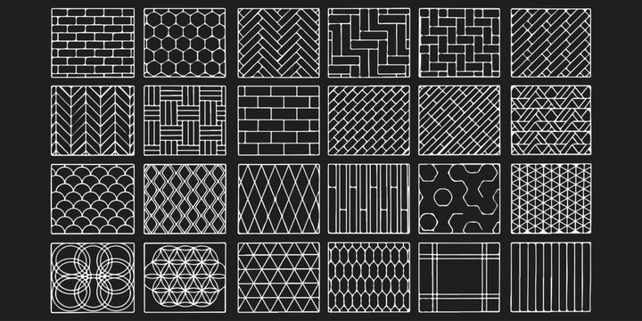Set of twenty four geometric seamless patterns with white lines on a dark background Vector, illustration