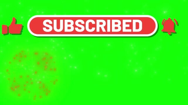 Button displays a subscribed notification with a thumb up icon and a notification bell on a bright green background that allows for easy chroma key removal in digital video editing production.
