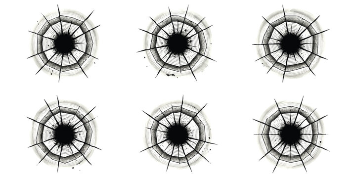 Set of six realistic bullet holes and cracks on broken glass texture for design elements Vector, illustration
