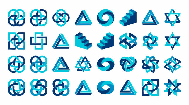 Collection of impossible geometric shapes and endless knot designs in blue