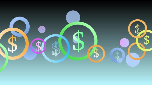 Abstract digital animation dollar-symbol rings and bubbles background animation