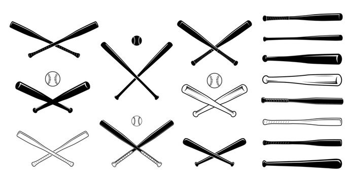 Baseball bat vector set. Crossed baseball bats silhouette icons collection