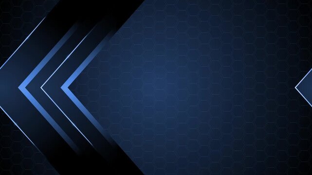 Dark geometric background with hexagonal pattern and layered glowing chevron arrows pointing left animation