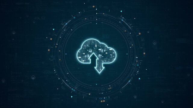 Motion graphic of cloud computing with cloud data transfer and digital cloud elements on a futuristic interface, designed for enterprise technology promotion.
