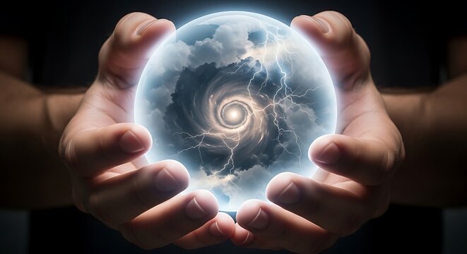A person's hands gently cup a glowing crystal ball, within which a swirling vortex of light and clouds suggests an element of magic or foresight.