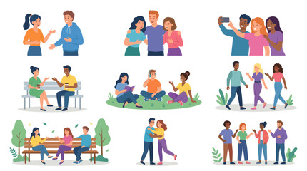 Fototapeta premium People are gathered and socializing in various settings and environments with friends and others.