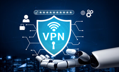 Fototapeta premium Futuristic robotic hand presenting a VPN shield with wireless signal symbol connected to various security and technology elements in digital backdrop Haptic.
